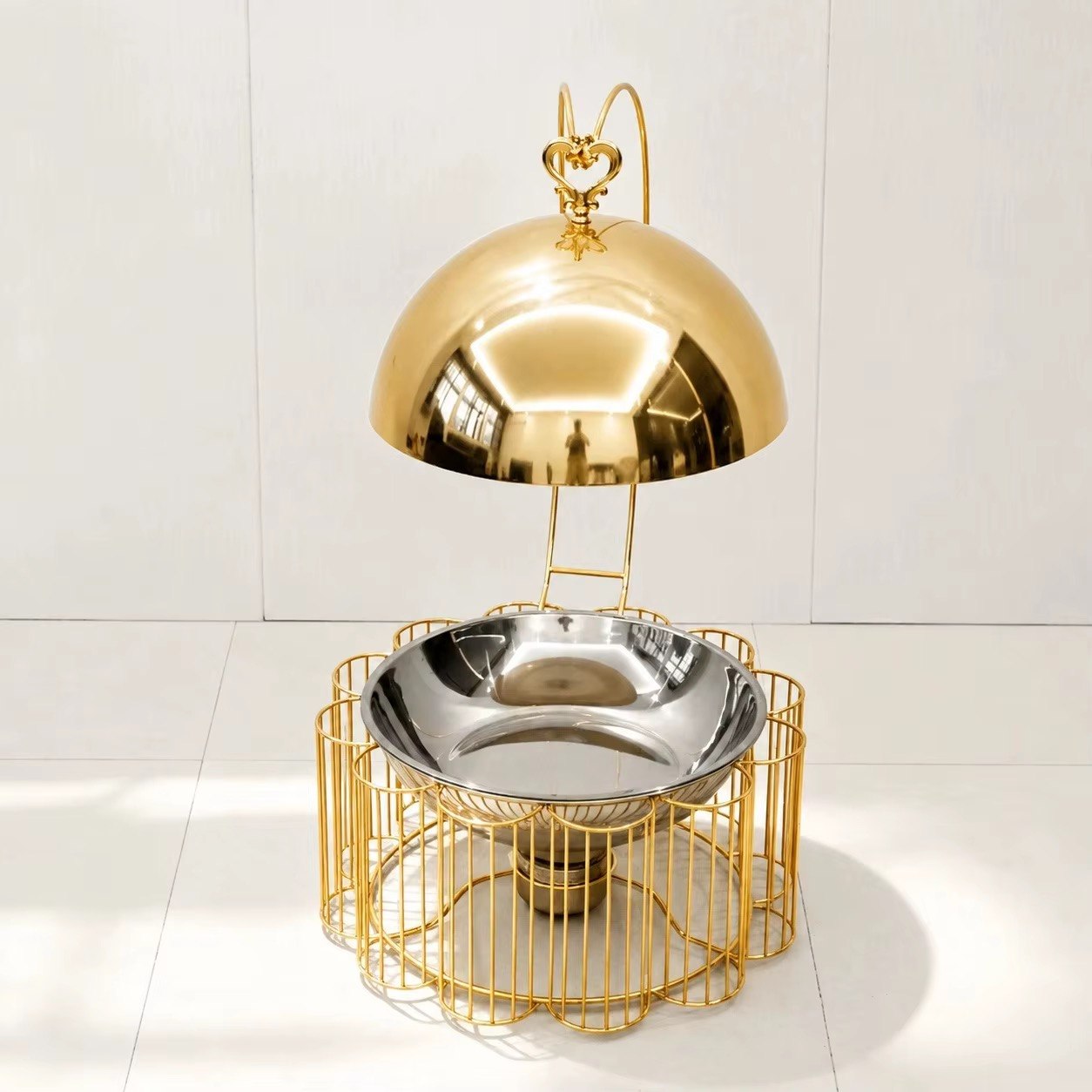 Single gold buffet serving dish, front view